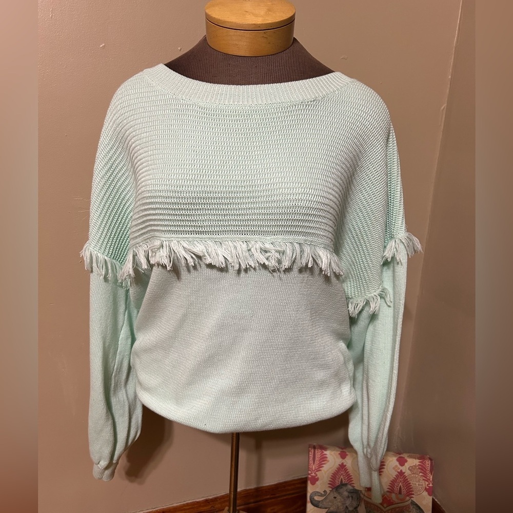 Grace + Karma Balloon Sleeve Drop Shoulder Sweater Fringe 1X Mint‎